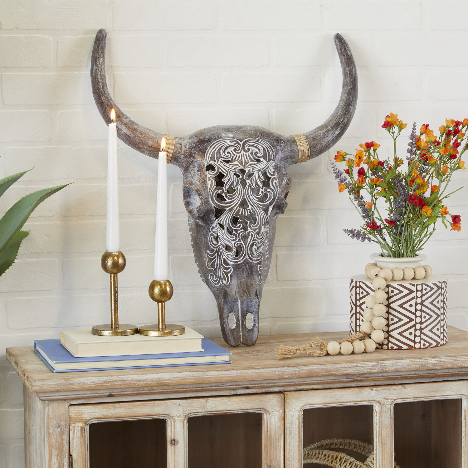 Boho Ox Cow outlet Longhorn Skull and Horns Wall Sculpture Faux Taxidermy